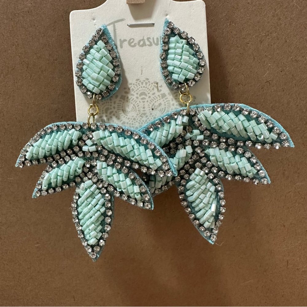 HWL Boutique Aqua Beaded Leaf Earrings